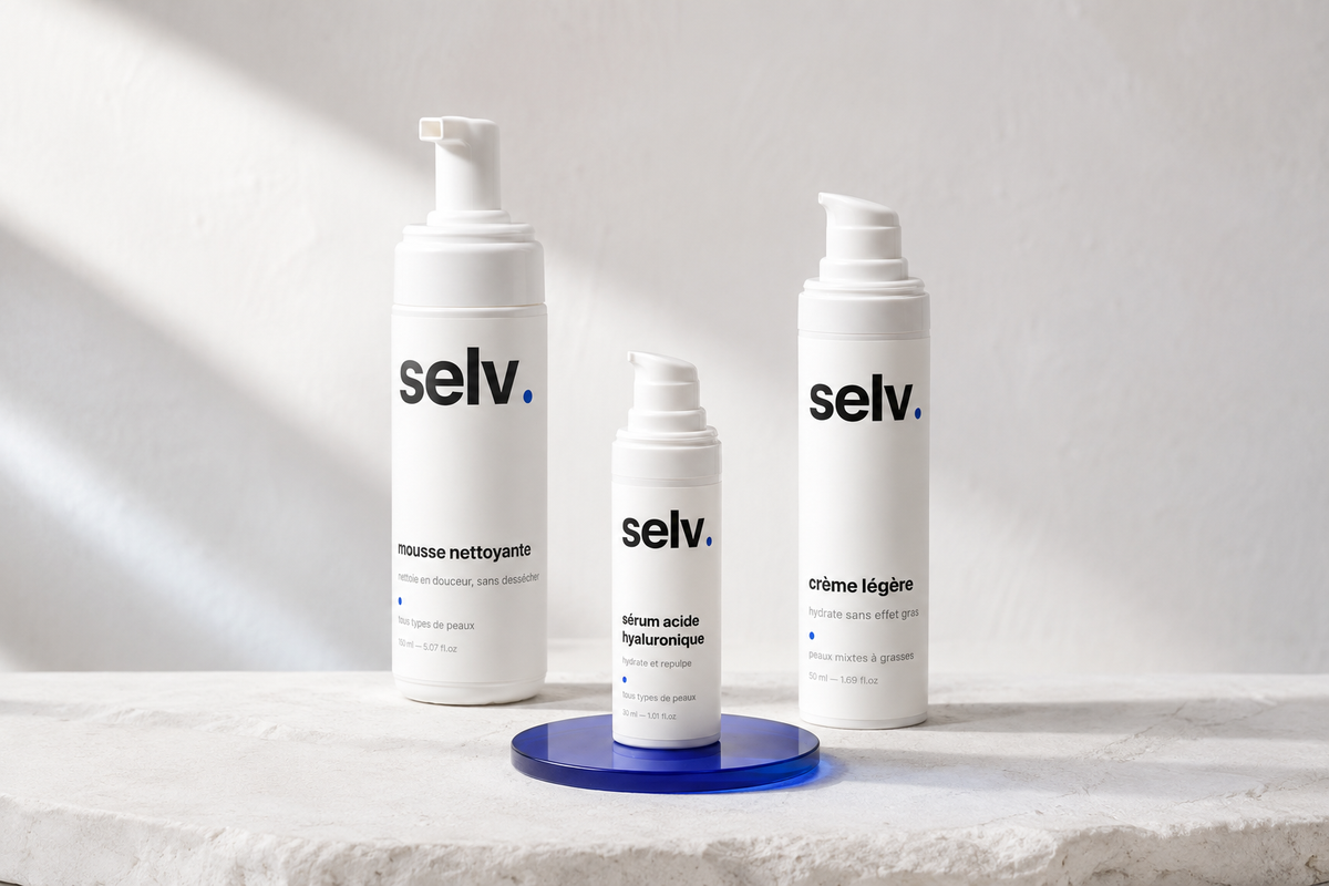 Mousse nettoyante, sérum acide hyaluronique et crème légère selv. — composition de campagne