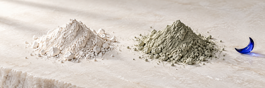 Illustration : poudres d’argile blanche et verte.
