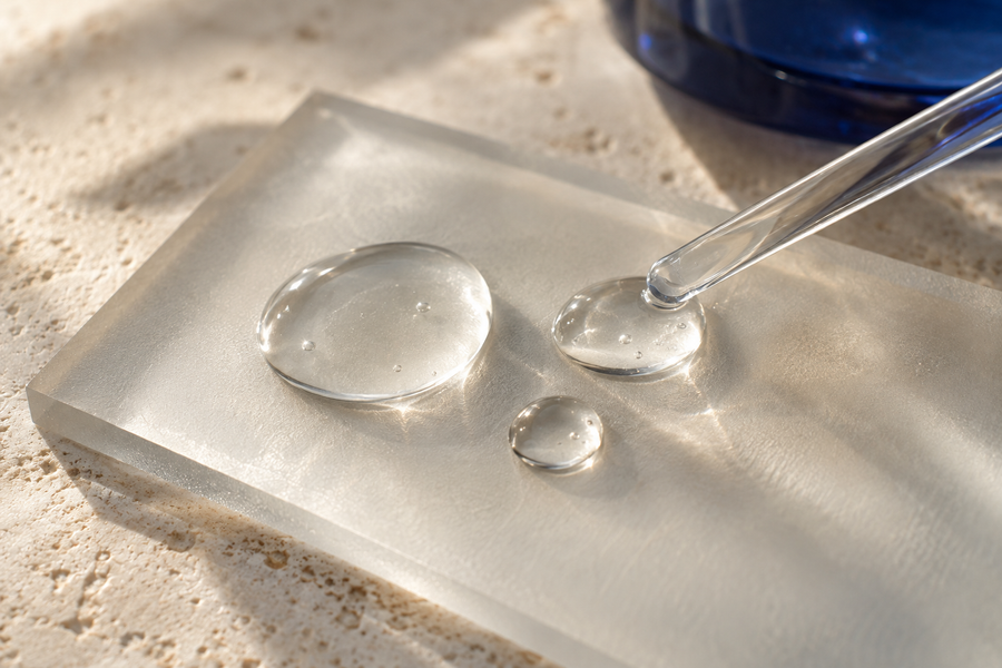 Illustration conceptuelle pour le guide des peptides : gouttes sur verre.