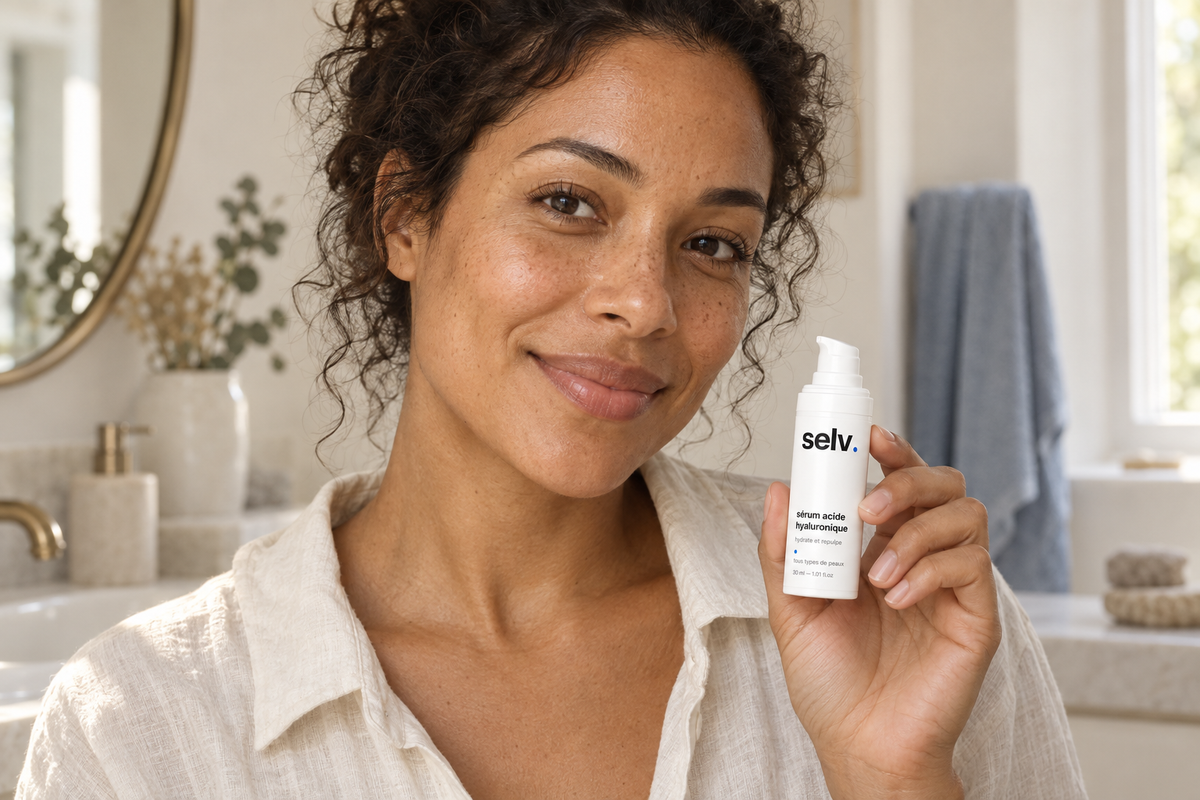 Scène de marque générée par IA : une femme tient le sérum acide hyaluronique selv.