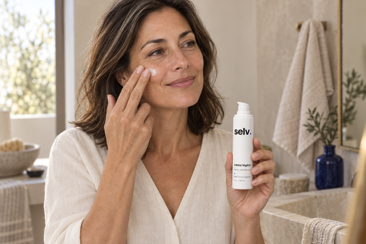 Scène de marque générée par IA : application de la crème légère selv.