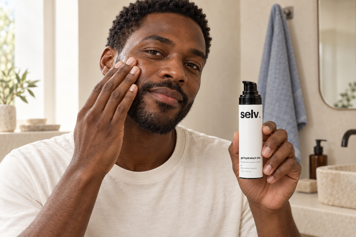 Scène de marque générée par IA : un homme avec le gel hydratant zinc selv.